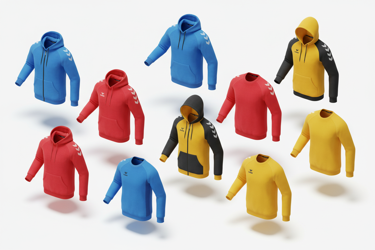 Generate several colourful Hummel and Erima hoodies and sweatshirts in red, blue and yellow in 3D isometric views.